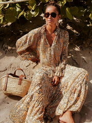  Boho Floral Print Lantern Sleeve Maxi Dress