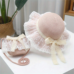 Kids Summer Straw Hat with Lace, Sunscreen Protection