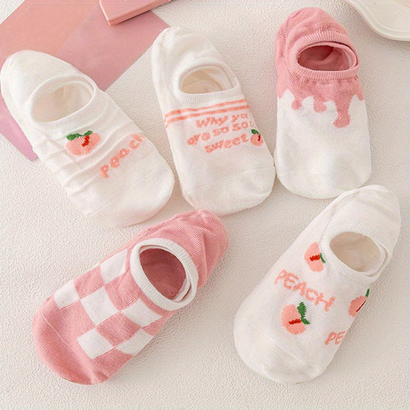 Peach & Floral Print Ankle Socks Women's Stockings