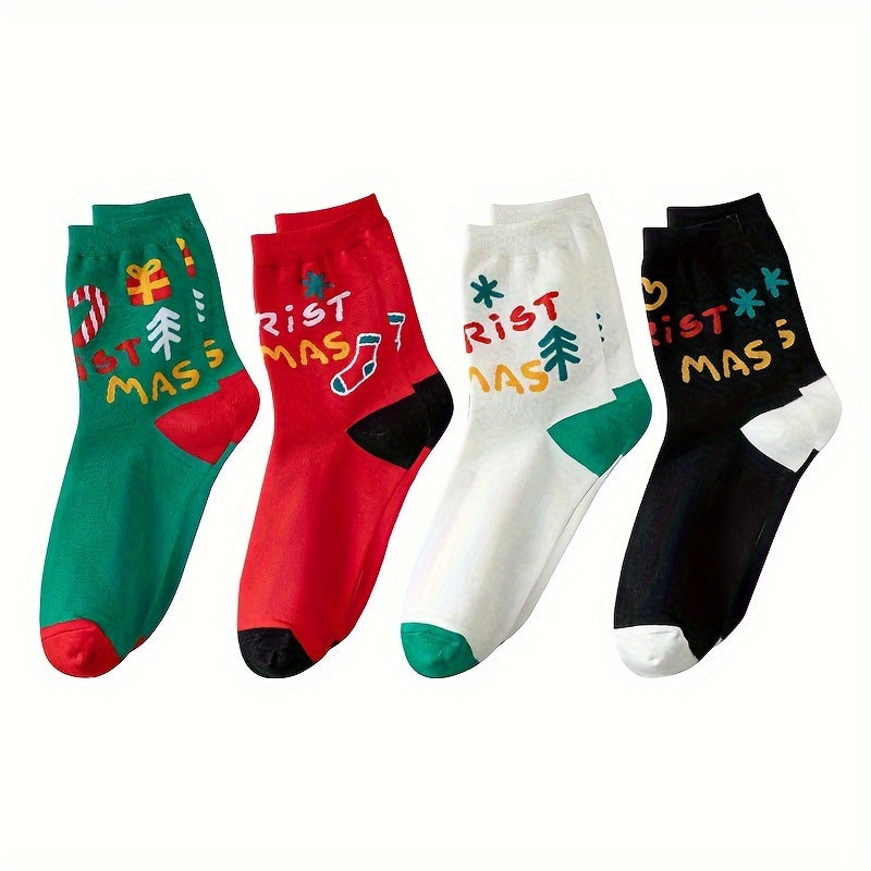 4 Pairs Christmas Letter Print Socks Women's Mid Tube Stockings