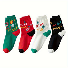 4 Pairs Christmas Letter Print Socks Women's Mid Tube Stockings