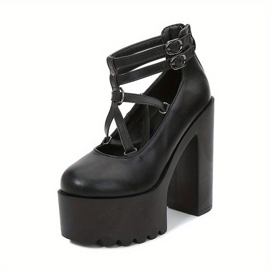 Closed Toe Buckle Strap Platform Pumps Solid Heels