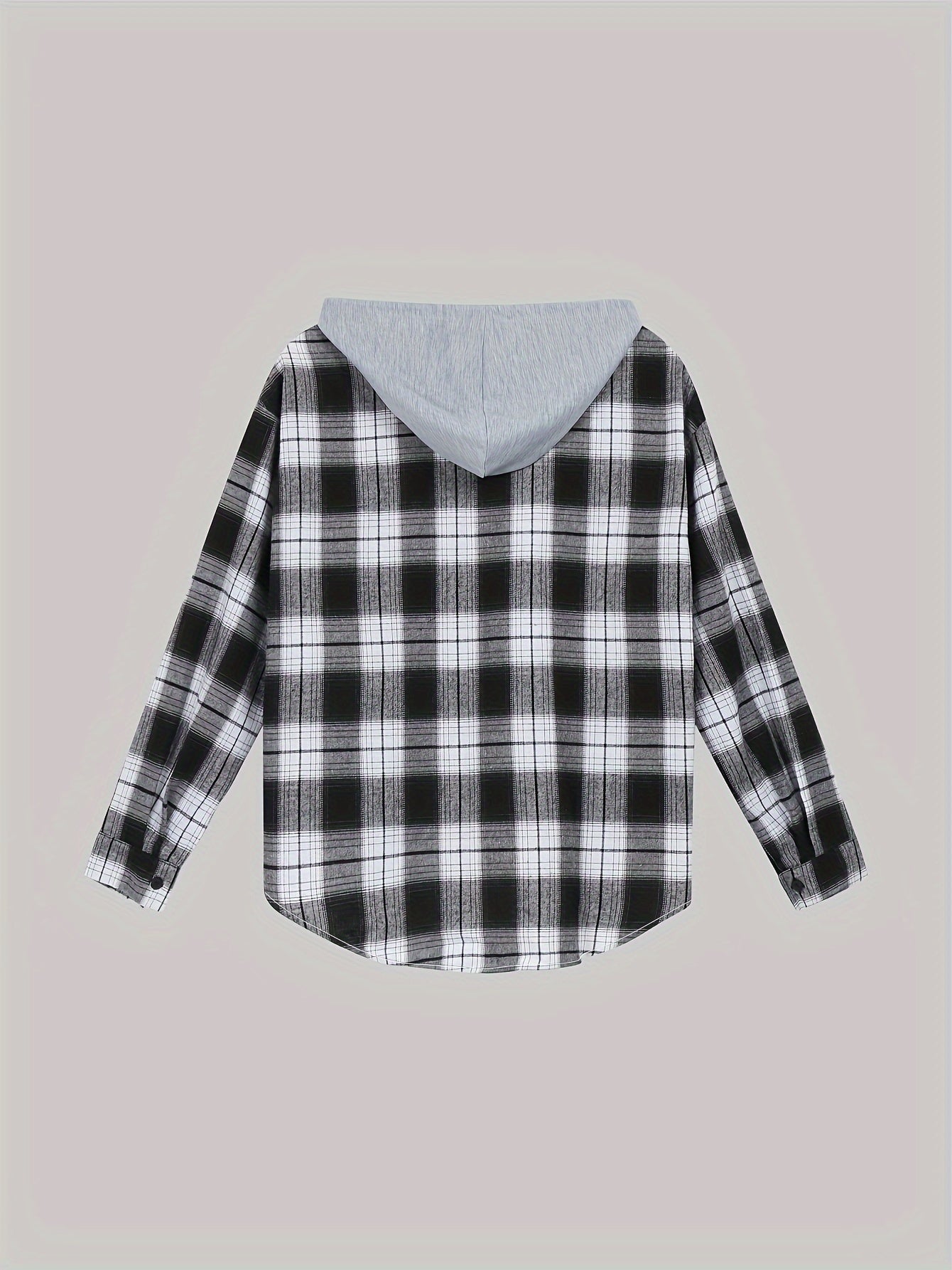  Plaid Print Long Sleeve Hooded Button Up Top