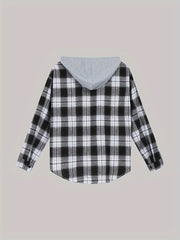  Plaid Print Long Sleeve Hooded Button Up Top