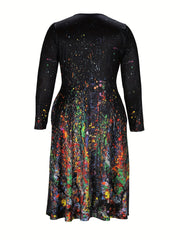  Splash Print Long Sleeve Round Neck Dress