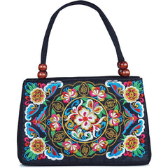 Floral Embroidered Handbag Zipper Canvas Bag Women's Purses