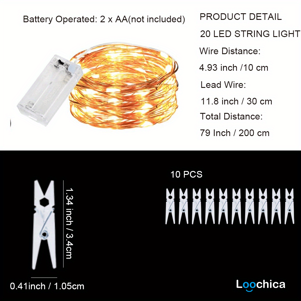 Loochica Photo Clip String Lights with 30 Clear Clips for Hanging Pictures