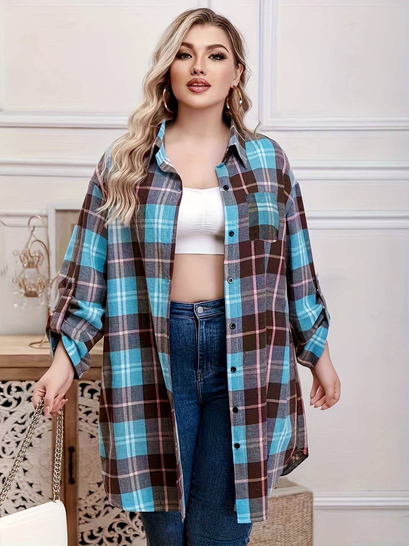 Women's Plus Plaid Button Up Blouse Roll Up Sleeve