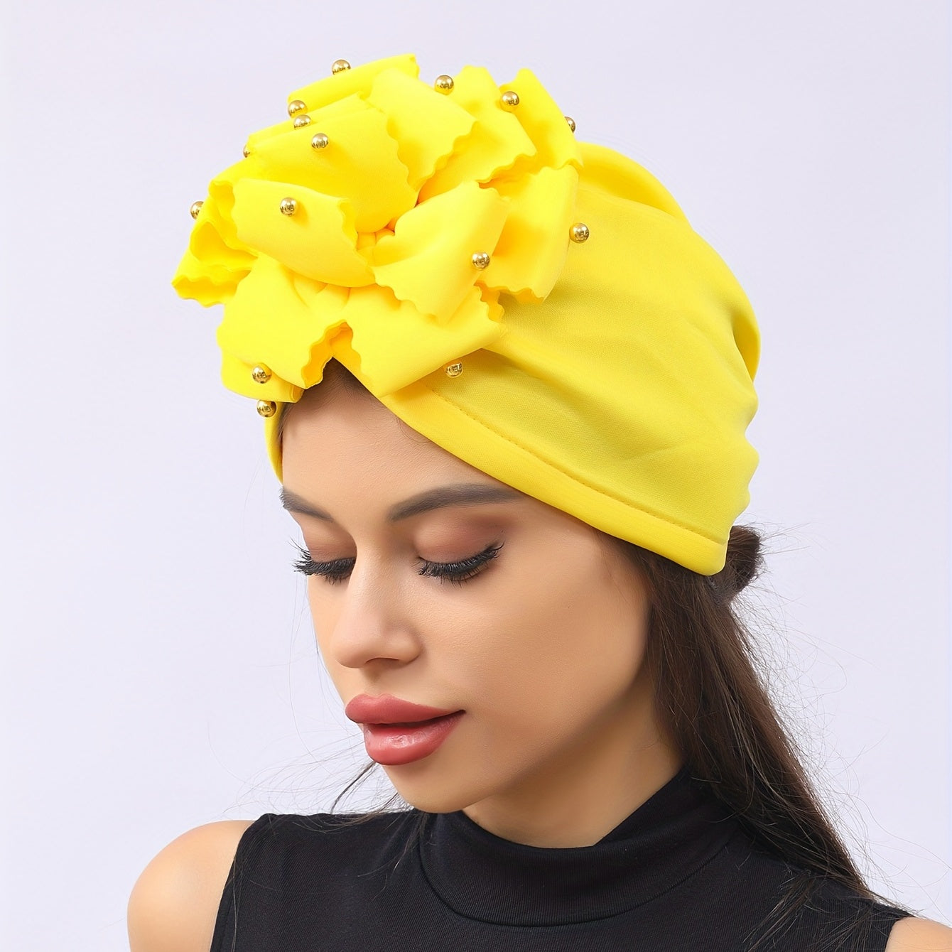 Yellow Flower Turban Cap Casual Head Wrap Breathable Hijab Elastic Chemo Cap