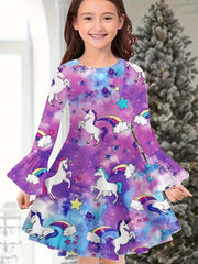Lovely Unicorn Rainbow Print Long Sleeve Dress for Girls