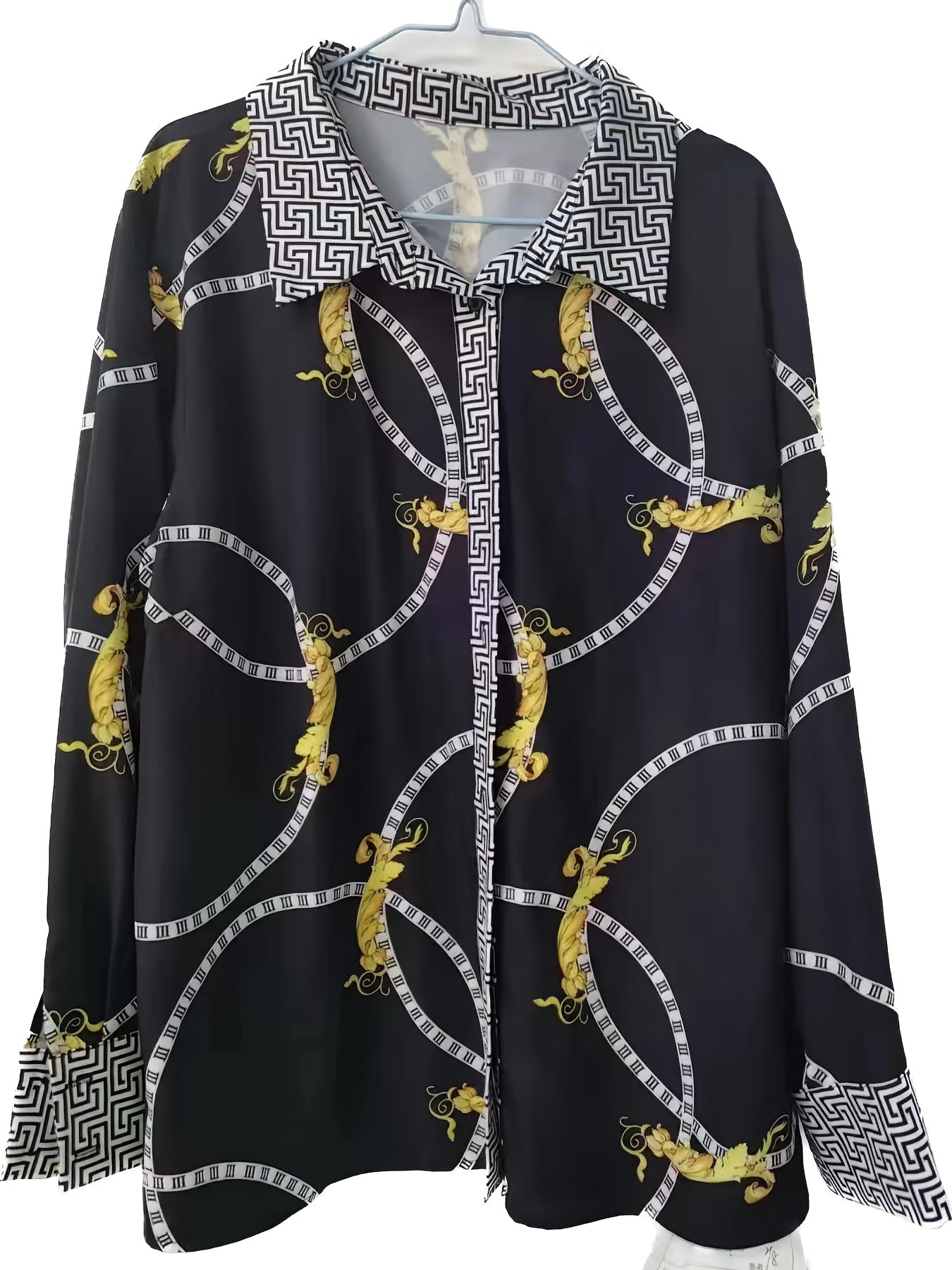  Greek & Chain Print Button Up Long Sleeve Blouse