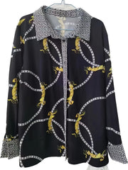  Greek & Chain Print Button Up Long Sleeve Blouse
