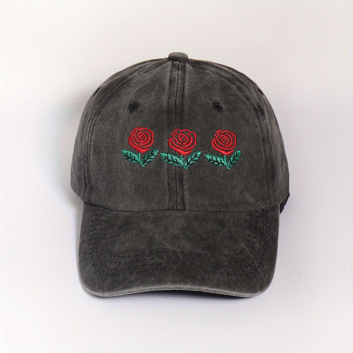 Three Roses Embroidery Baseball Cap Washed Distressed Gray