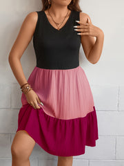 Casual Tank Dress Women's Plus Colorblock V Neck Slight Stretch Smock