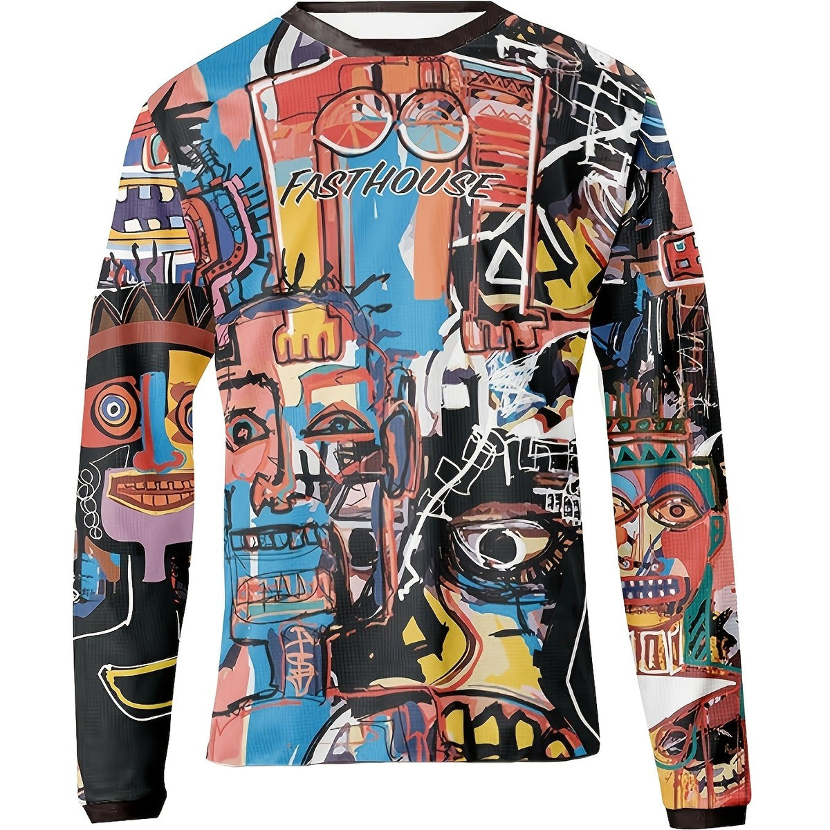 Men's Crew Collar Sports Long Sleeve T-shirt with Creative Graffiti Print