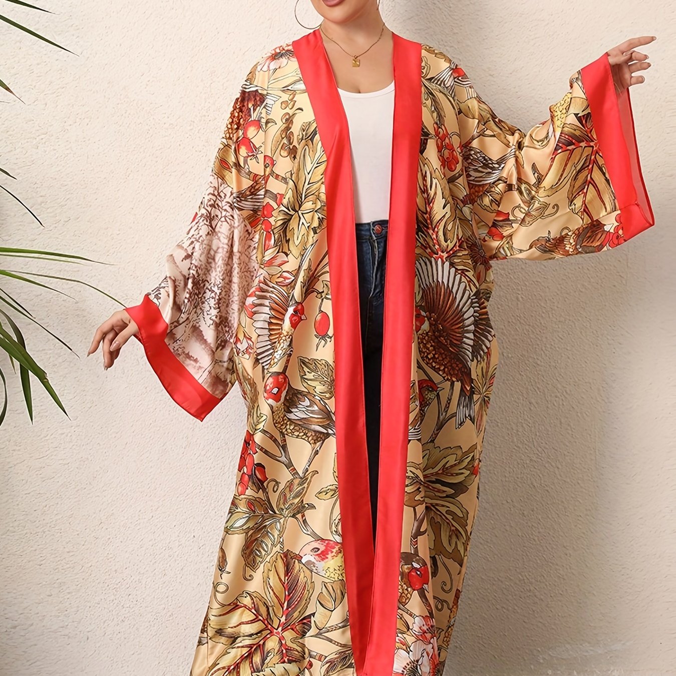  Boho Kimono Tropical Print Long Sleeve Beach Cover Up
