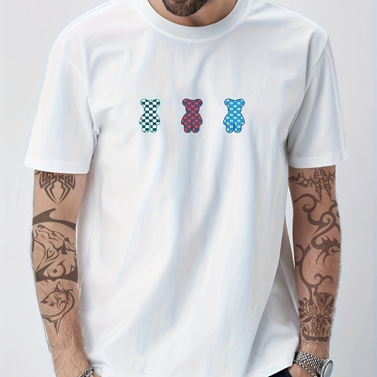 Cotton Bear Print Men's Graphic Crew Neck T shirt for Summer