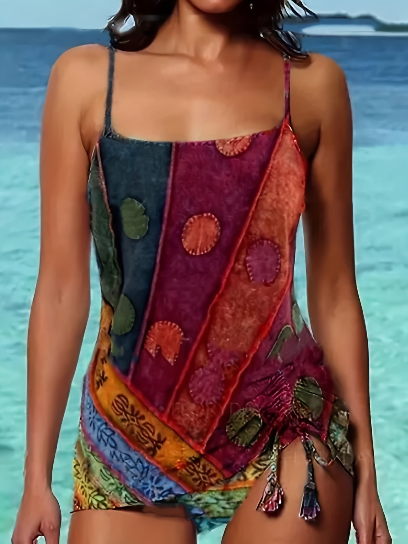  Colorblock Floral Tankini Set with Tassel Detail