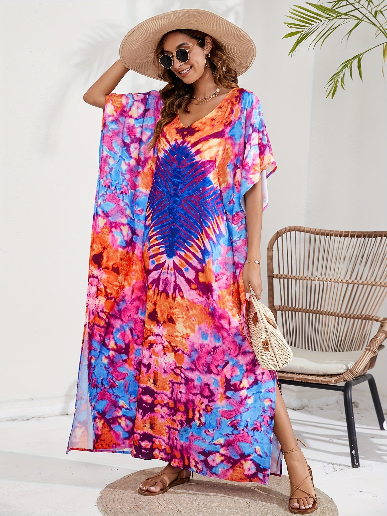  Boho Tie Dye Geo Pattern Cover Up Maxi Dress