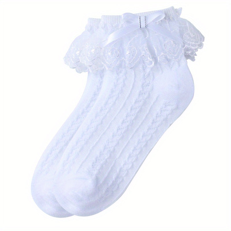 Cotton Lace Knit Crew Socks - 2 Pairs