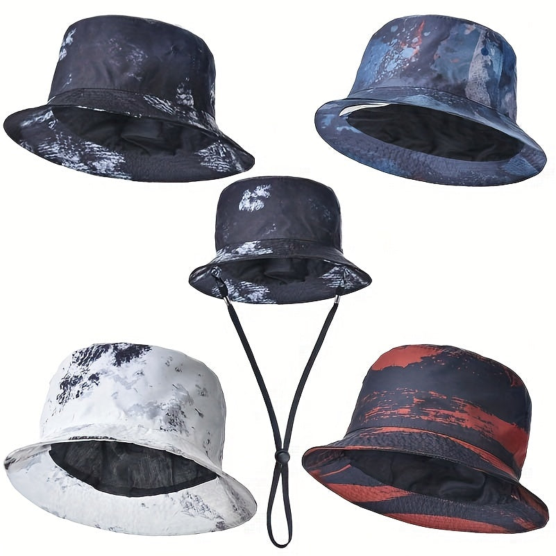 Tie Dye Print Sun Hat Unisex Drawstring Bucket Hats Lightweight Rain Hat