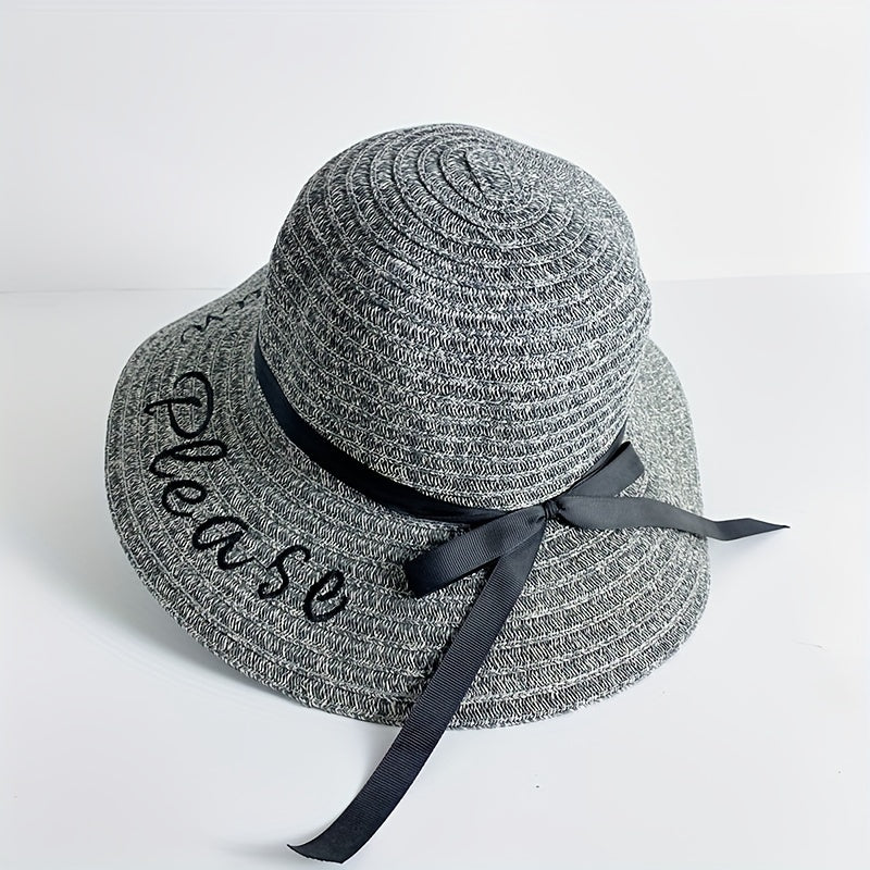 Sun Embroidery Straw Hat Ribbon Bowknot Drawstring Adjustable