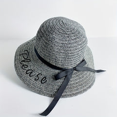Sun Embroidery Straw Hat Ribbon Bowknot Drawstring Adjustable