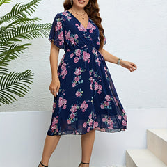 Women's Plus Floral Print Flutter Sleeve Midi Dress