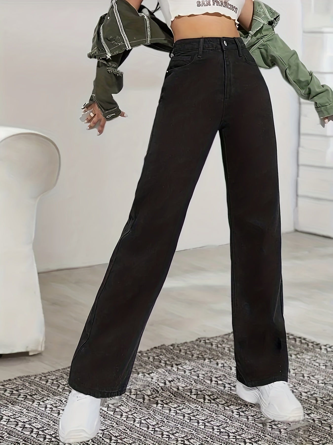 Baggy Straight Jeans Mid Waist Non Stretch Denim Pants Women's Clothing
