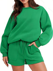  Solid Long Sleeve Top & Shorts Set Women's Casual 2 Piece