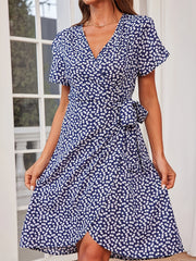 Floral Print Vacation Dress V Neck Short Sleeve Knot Summer Dress