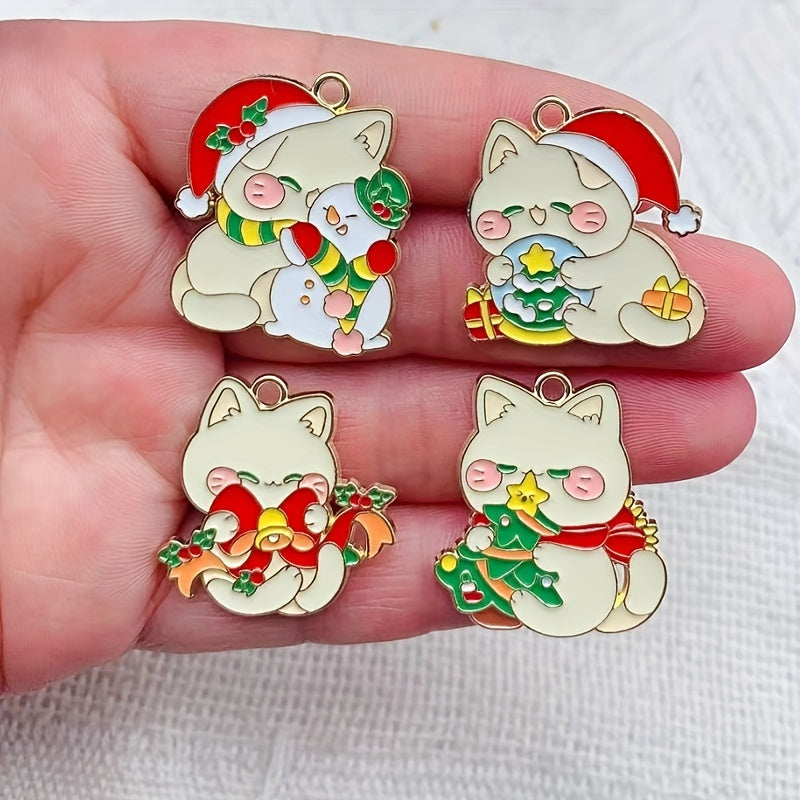 8pcs Christmas Cat Snowman Enamel Pendant for DIY Jewelry Making