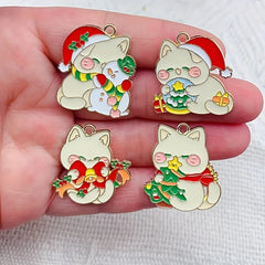 8pcs Christmas Cat Snowman Enamel Pendant for DIY Jewelry Making