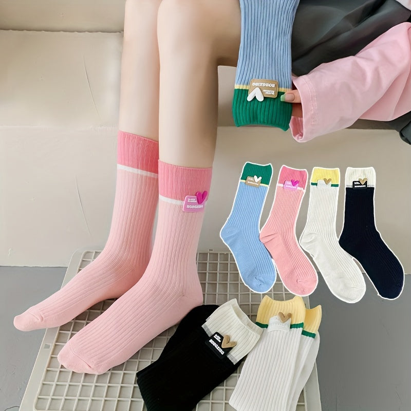 4 Pairs Heart Pattern Socks Colorblock Stockings Women's Hosiery