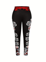  Halloween Goth Leggings Floral Skull Print High Rise Leggings