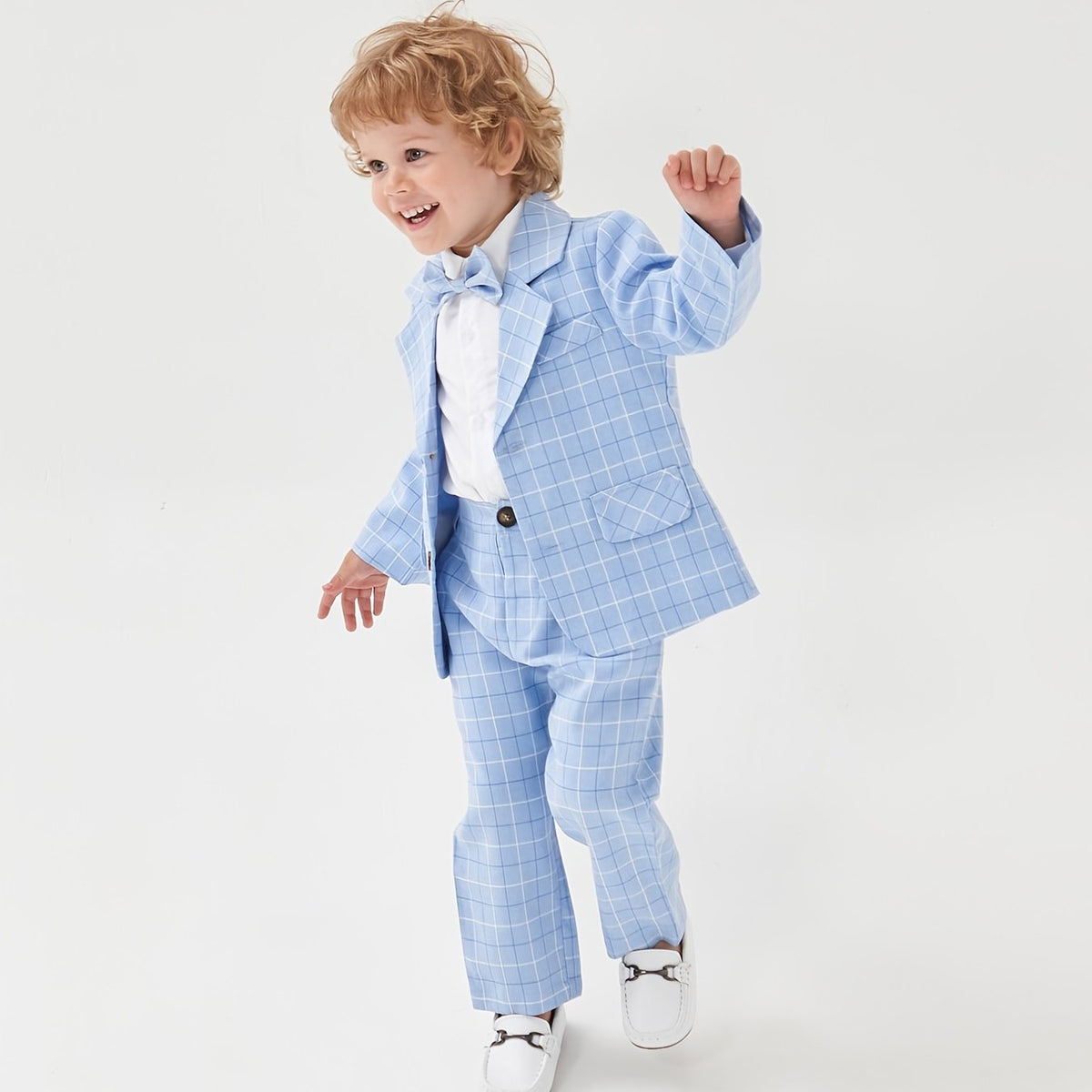 Plaid Blazer Jacket Trousers Bow Tie Set Boys Spring Fall Clothes