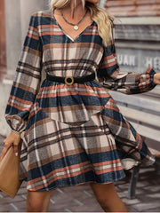  Plaid Print Long Sleeve V Neck Dress