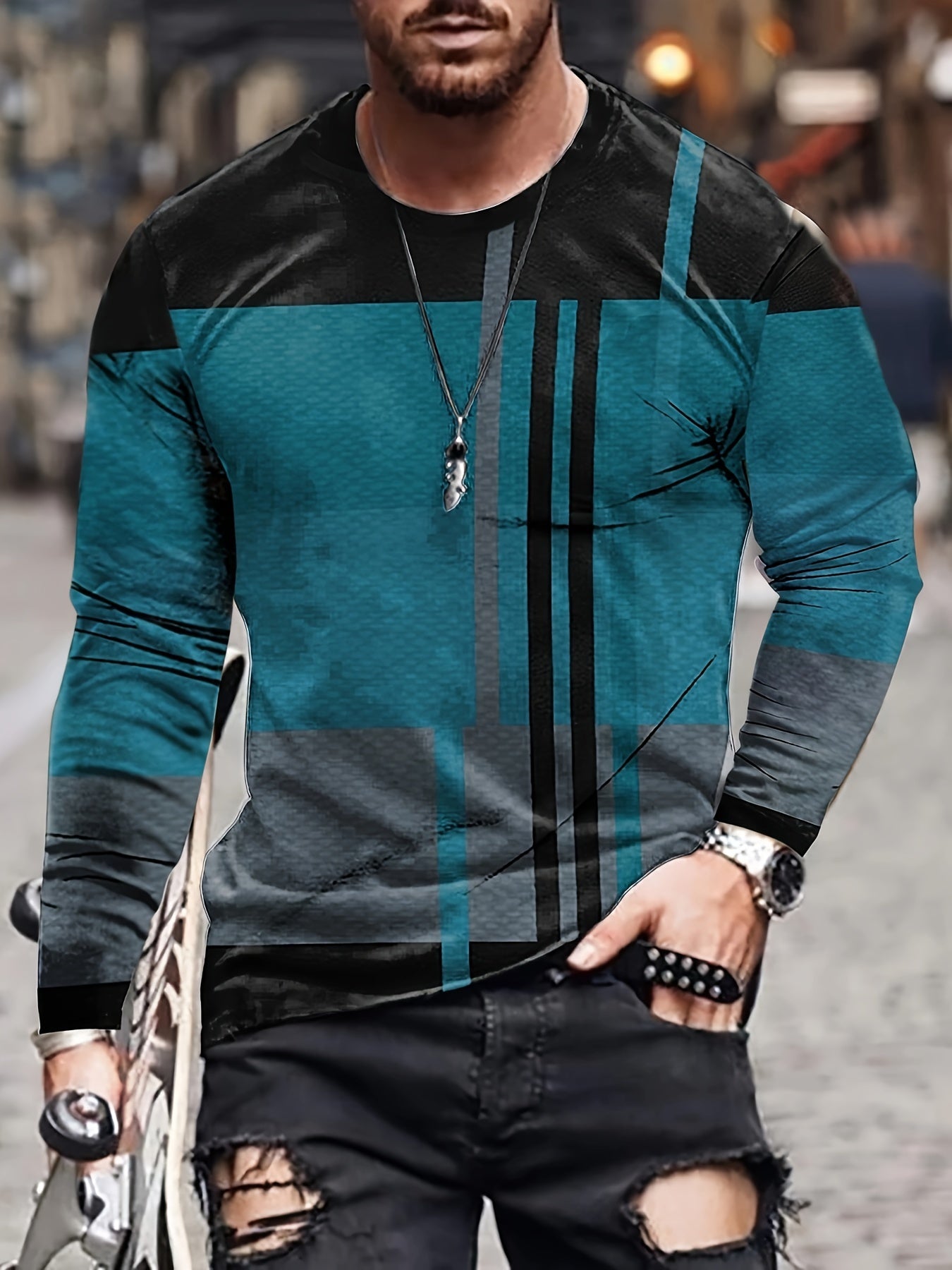 Men's Long Sleeve Novelty T-shirt for Spring/Autumn