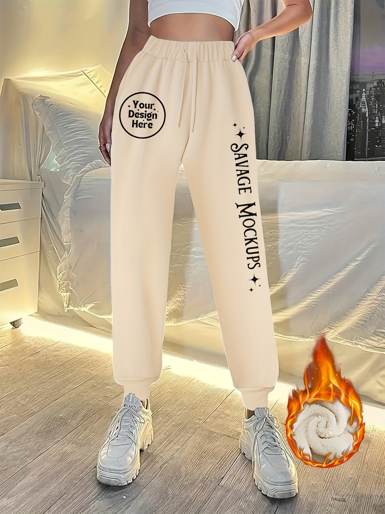 Women's Fleece Lined Joggers with Slogan Print