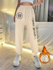 Women's Fleece Lined Joggers with Slogan Print