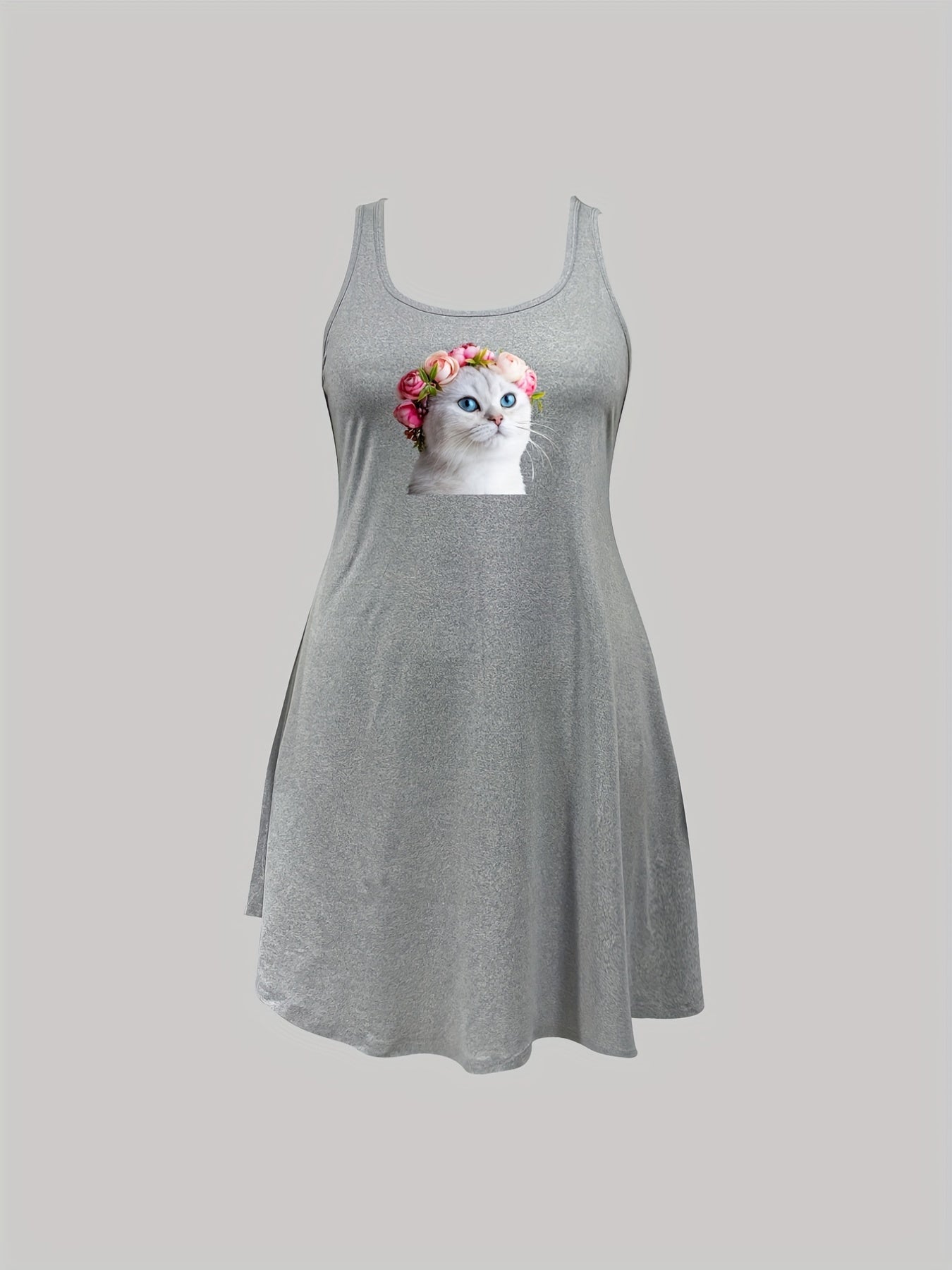  Casual Nightdress Women's Plus Floral Cat Print Tank Sleep Dress