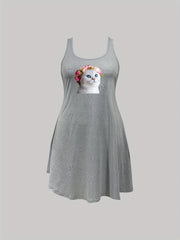  Casual Nightdress Women's Plus Floral Cat Print Tank Sleep Dress