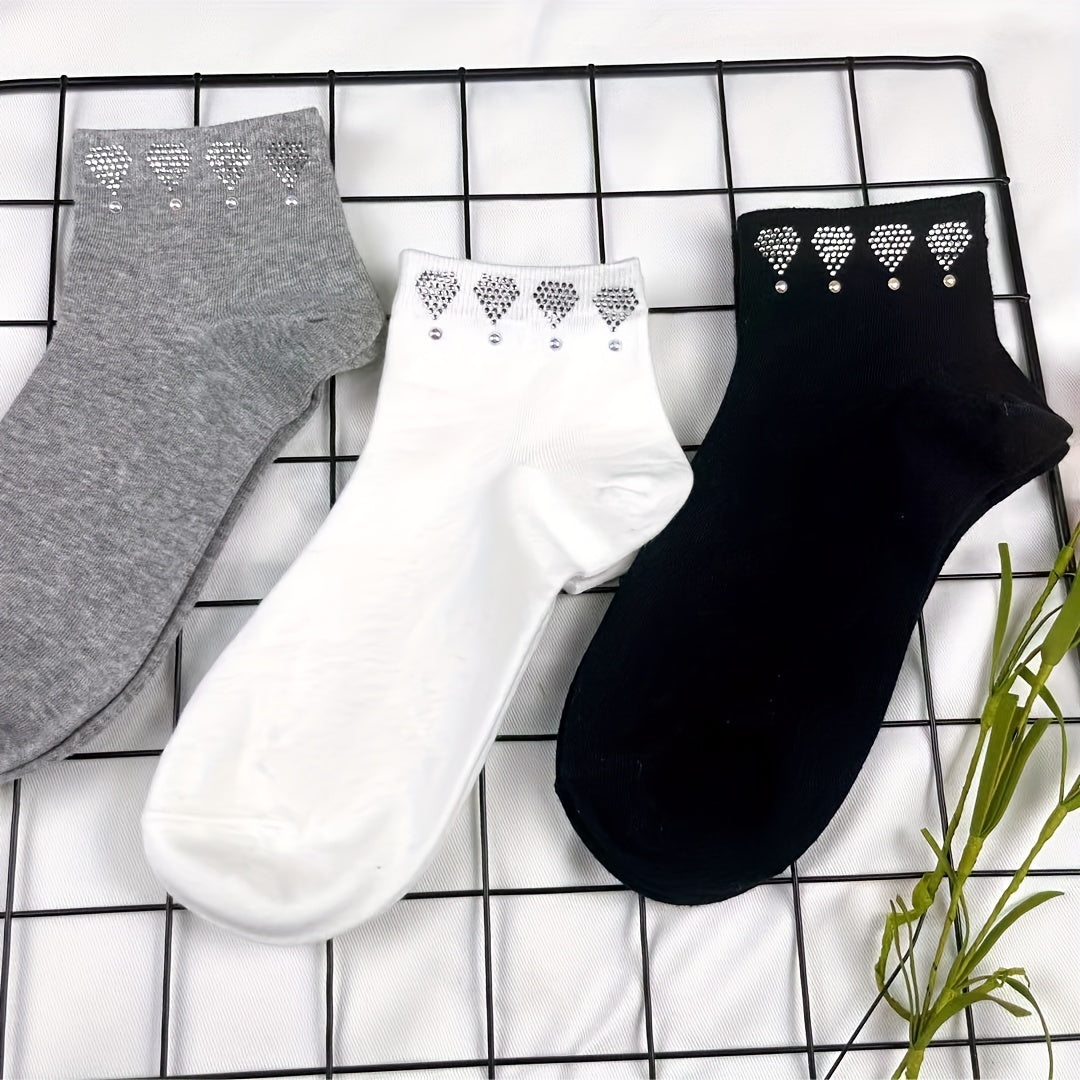 5 Pairs Heart Rhinestone Crew Socks Women's Stockings