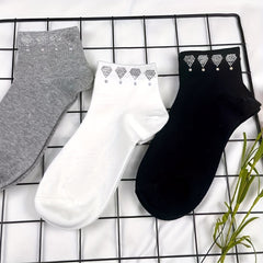 5 Pairs Heart Rhinestone Crew Socks Women's Stockings