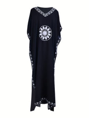 Boho Kaftan Dress Plus Size Floral Embroidered Batwing Sleeve V Neck