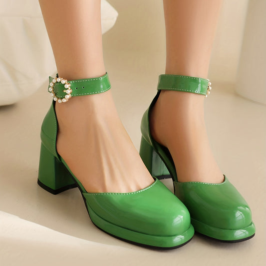 Women's Chunky Heels Pearl Strap Pumps Faux Leather