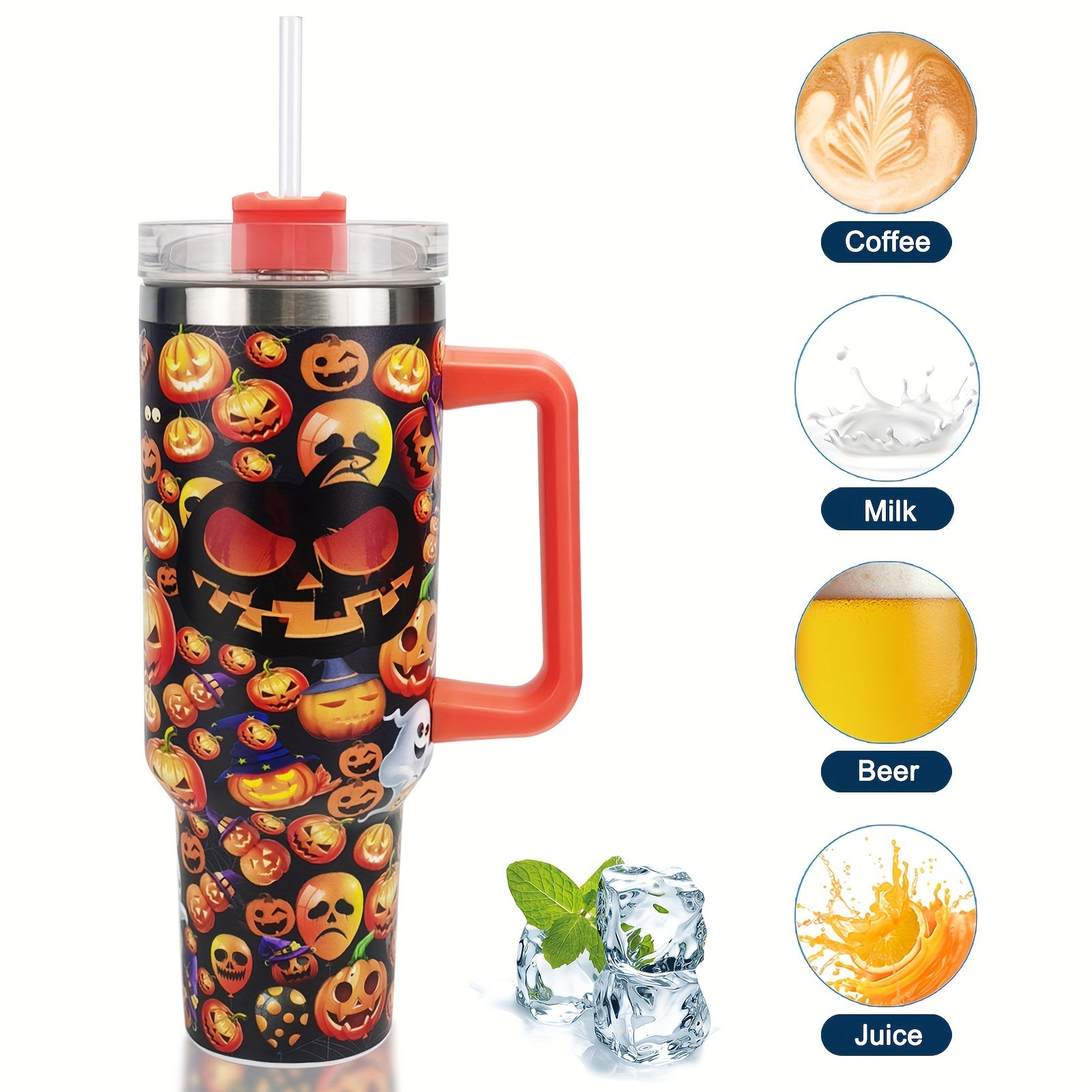 Halloween Pumpkin Print Tumbler 40oz Car Cup with Straw & Handle