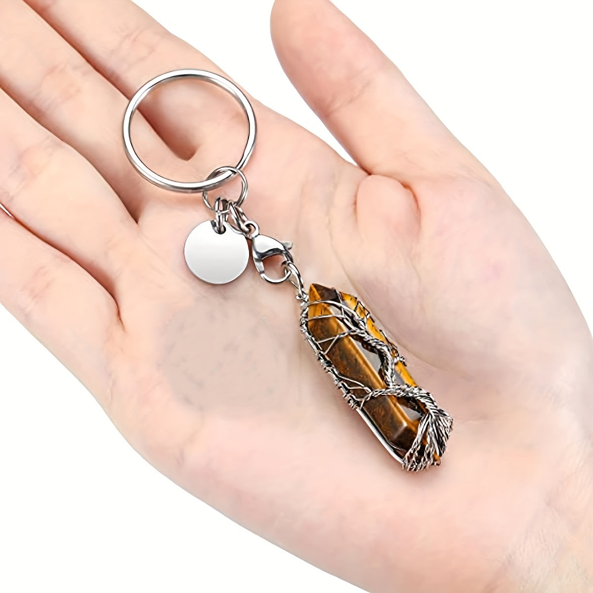 Tree Of Life Wire Wrapped Keyring Healing Stones Hexagonal Crystal Gemstone