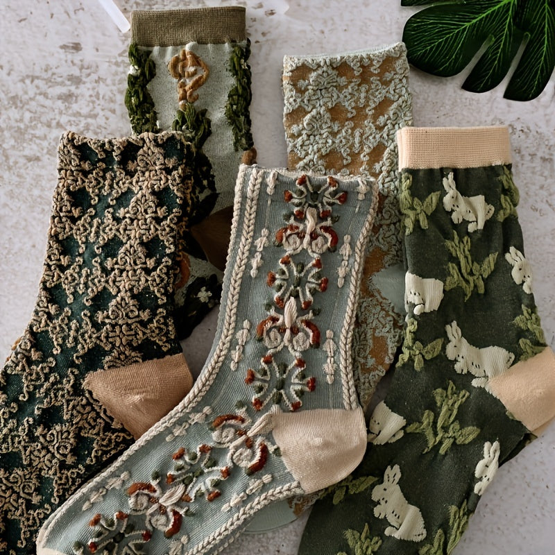 5 Pairs Floral Print Comfy Mid Tube Socks Women's Stockings