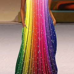  Colorblock Print Maxi Tank Dress With Pockets